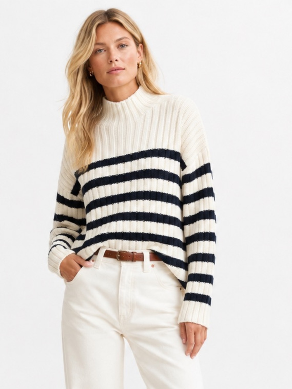 ABERCROMBIE & FITCH Striped Mock Neck Sweater XS Navy Cream Coastal